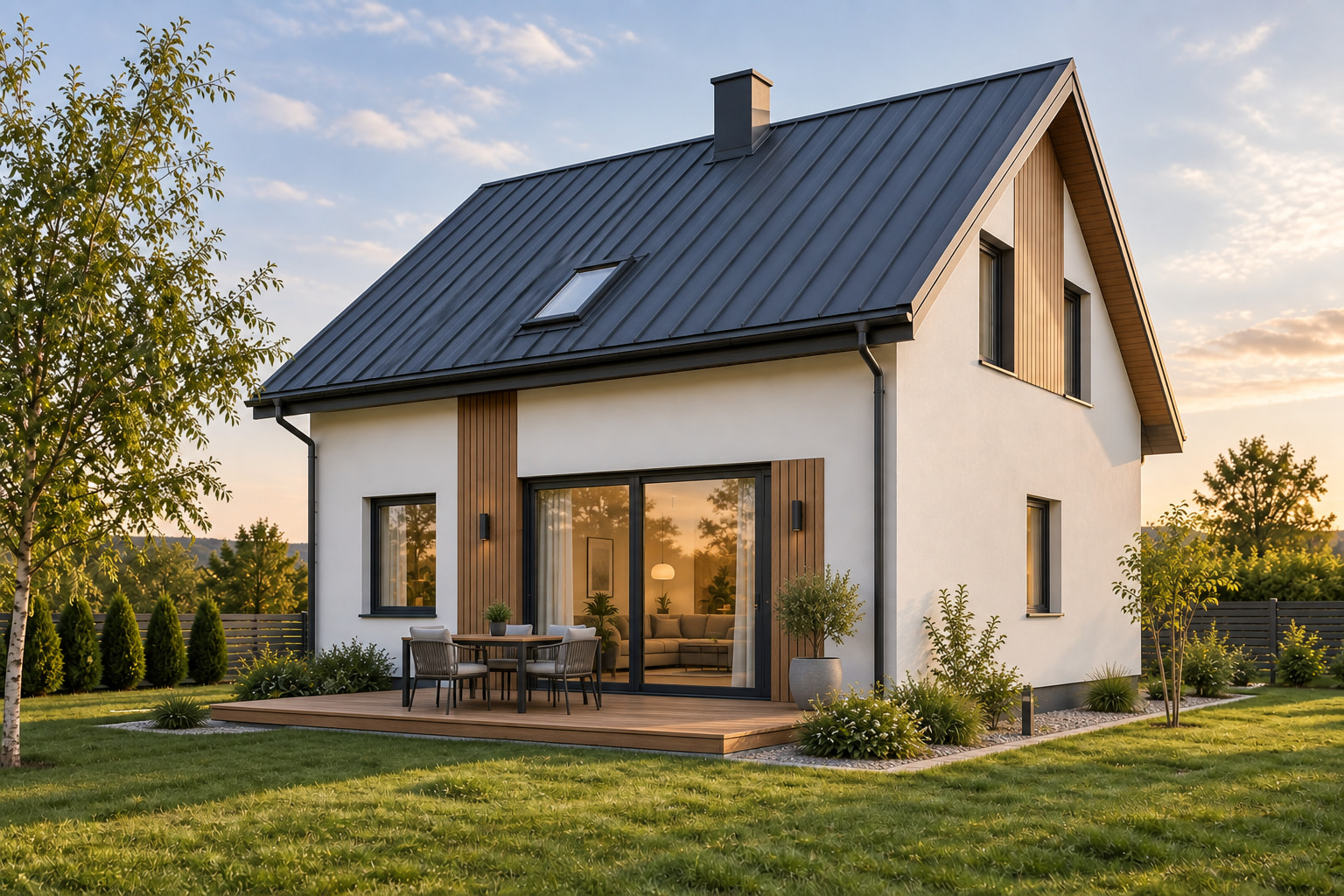 Casa Aria 90 – casă cu mansardă, 3 dormitoare – vedere fațadă dinspre grădină