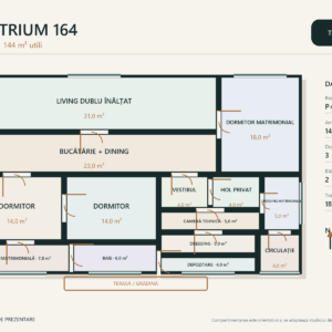 Casa Atrium 164 – casă cu mezanin și două curți protejate – plan parter 144 m²