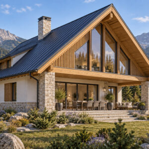 Casa Carpatia 138 – chalet cu mansardă și 4 dormitoare – vedere fațadă dinspre grădină