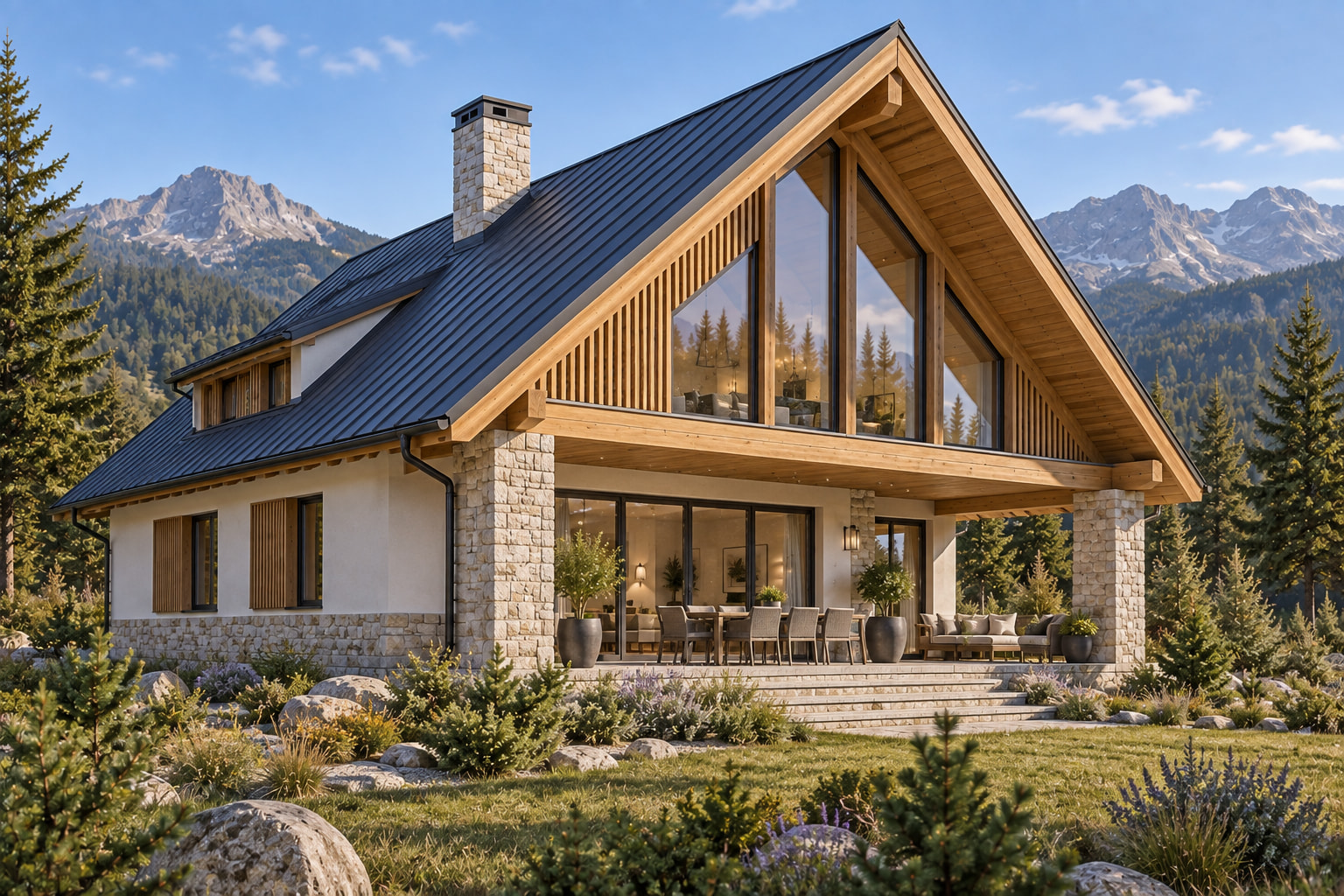 Casa Carpatia 138 – chalet cu mansardă și 4 dormitoare – vedere fațadă dinspre grădină