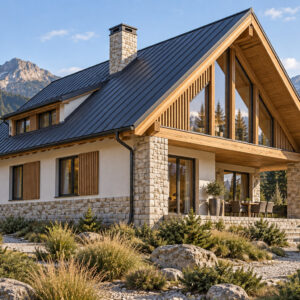Casa Carpatia 138 – chalet cu mansardă și 4 dormitoare – perspectivă laterală oblică