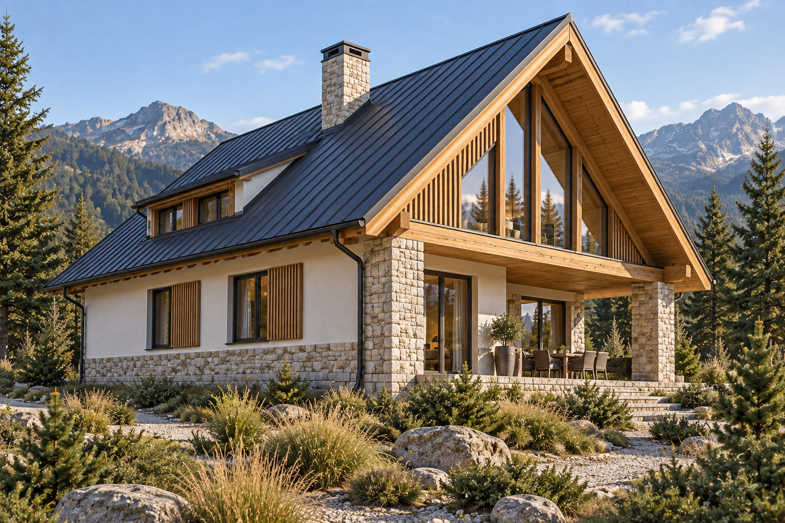 Casa Carpatia 138 – chalet cu mansardă și 4 dormitoare – perspectivă laterală oblică