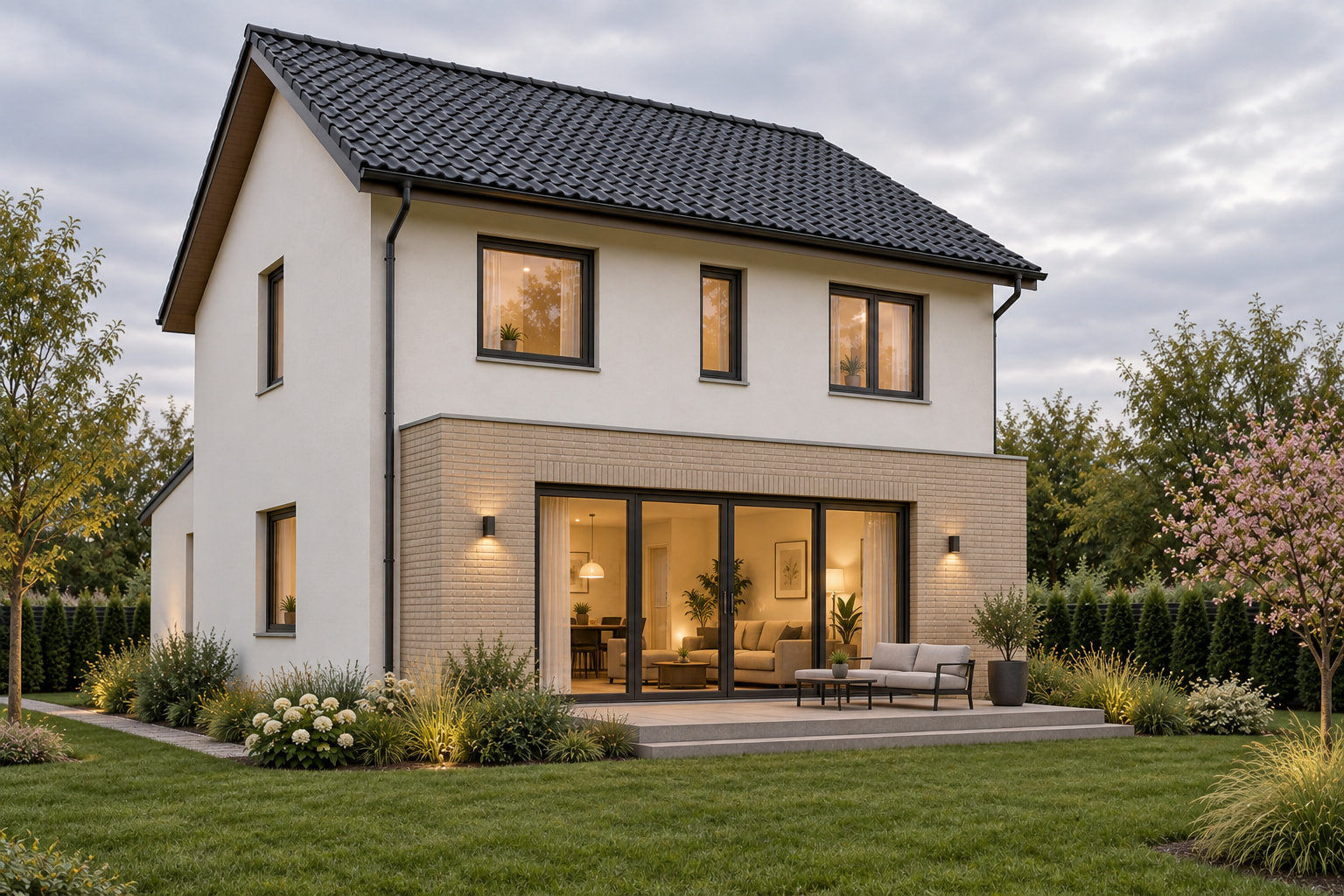Casa Dalia 110 – casă cu etaj și 3 dormitoare – vedere fațadă dinspre grădină