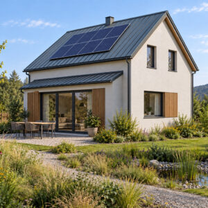 Casa Eco 115 – casă eficientă energetic – vedere fațadă dinspre grădină