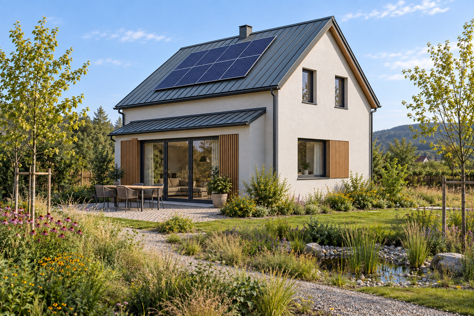 Casa Eco 115 – casă eficientă energetic – vedere fațadă dinspre grădină