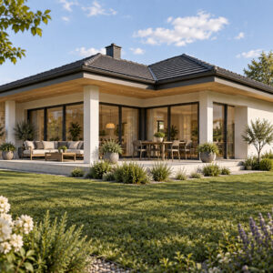 Casa Iris 118 – casă parter cu terasă în L – vedere fațadă dinspre grădină