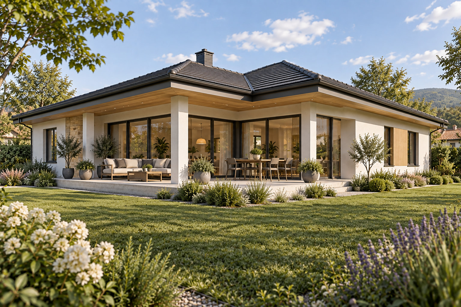 Casa Iris 118 – casă parter cu terasă în L – vedere fațadă dinspre grădină