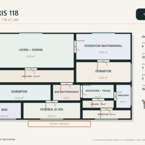 Casa Iris 118 – casă parter cu terasă în L – plan parter 118 m²