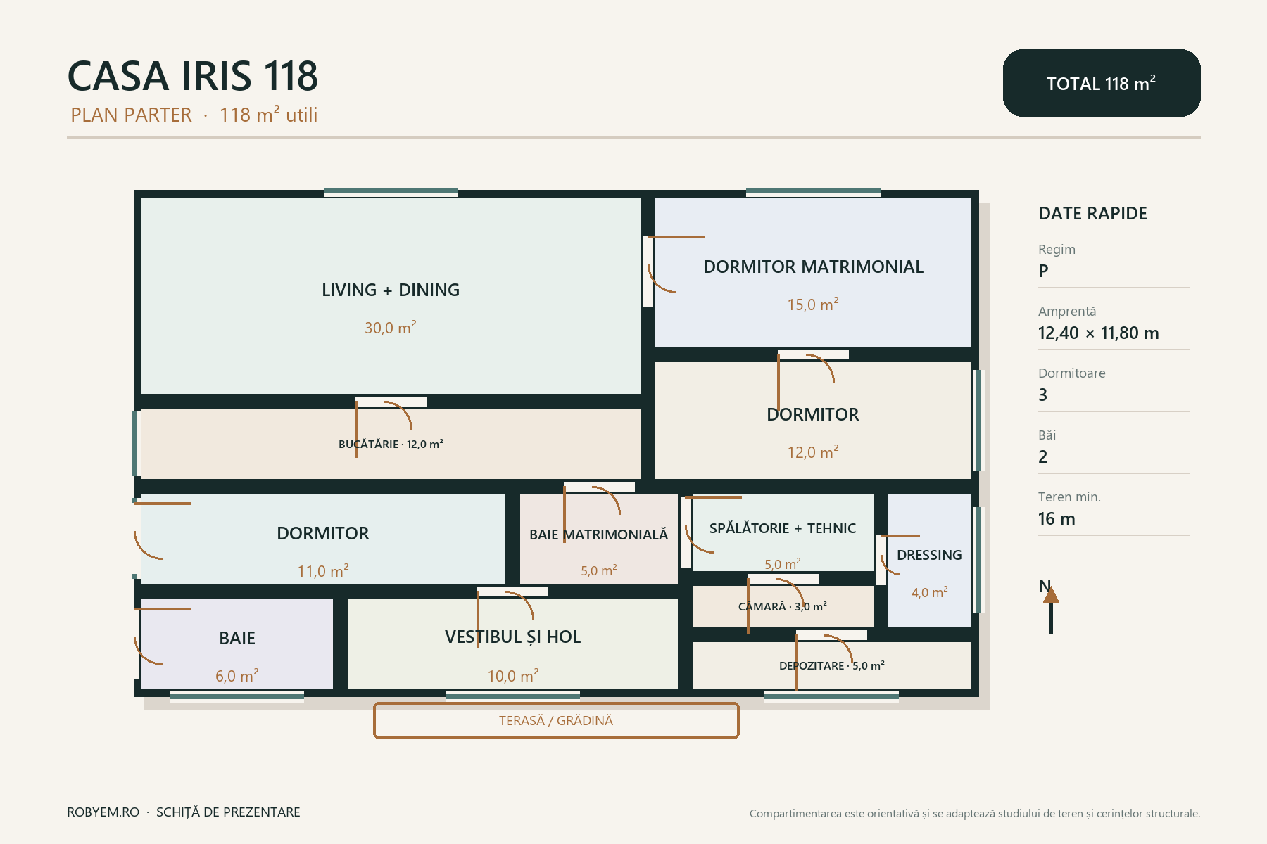 Casa Iris 118 – casă parter cu terasă în L – plan parter 118 m²