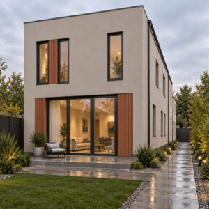 Casa Linia 130 – proiect pentru teren îngust – vedere fațadă dinspre grădină