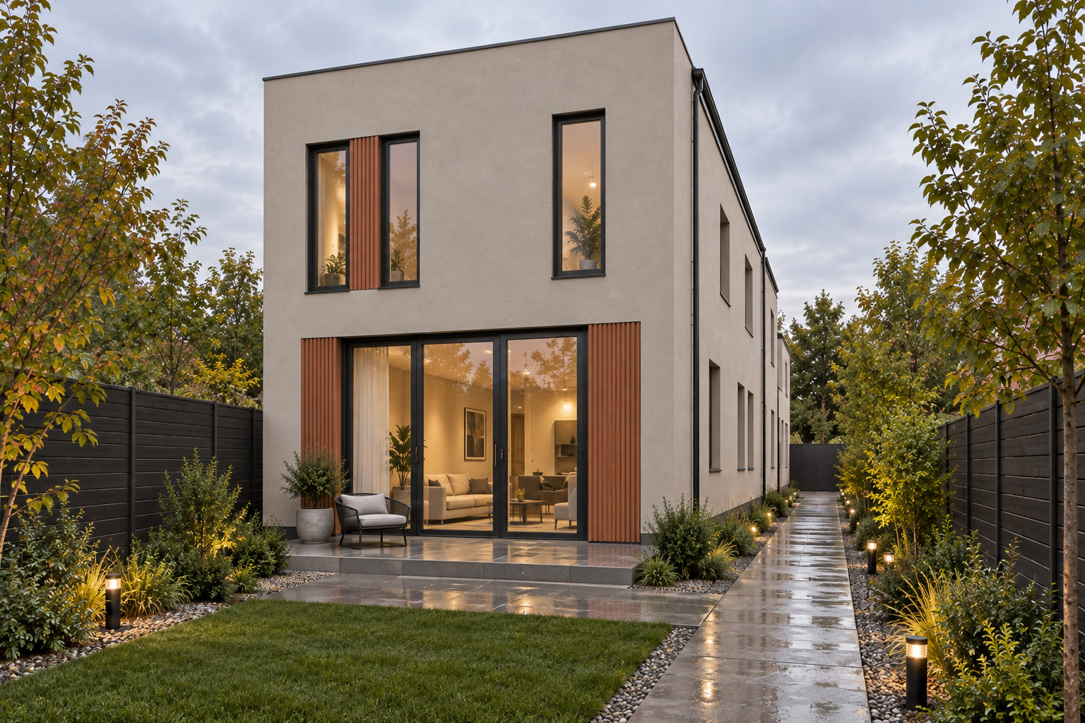 Casa Linia 130 – proiect pentru teren îngust – vedere fațadă dinspre grădină