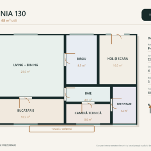 Casa Linia 130 – proiect pentru teren îngust – plan parter 68 m²