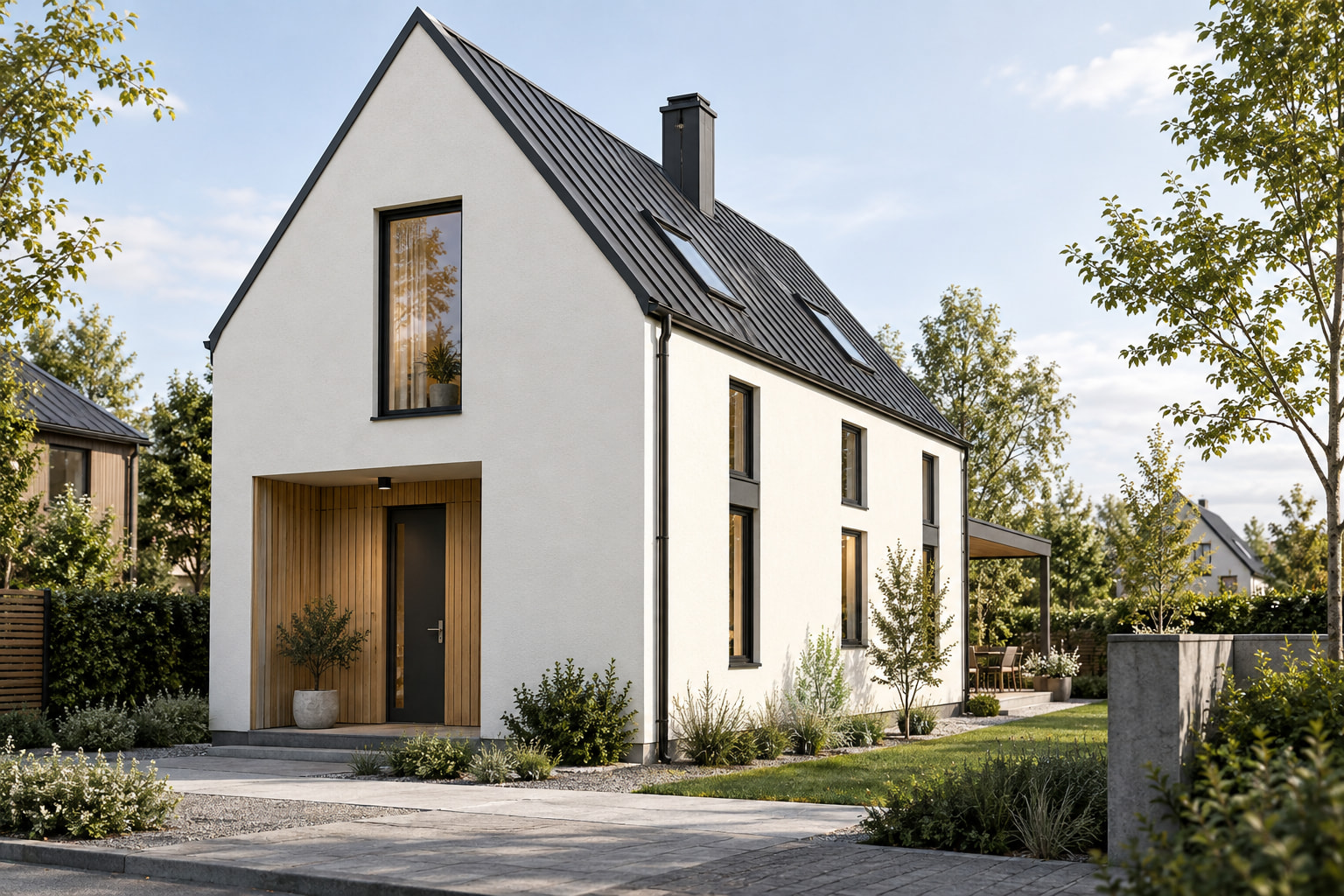 Casa Nordic 112 – casă cu mansardă pentru teren îngust – vedere fațadă principală