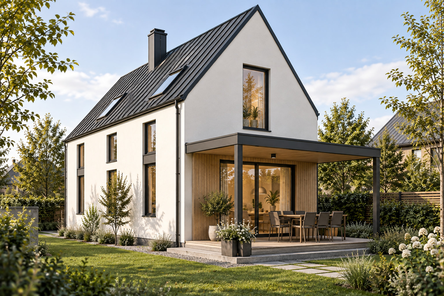 Casa Nordic 112 – casă cu mansardă pentru teren îngust – vedere fațadă dinspre grădină