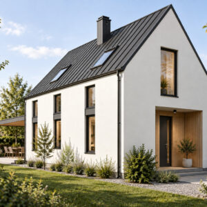 Casa Nordic 112 – casă cu mansardă pentru teren îngust – perspectivă laterală oblică