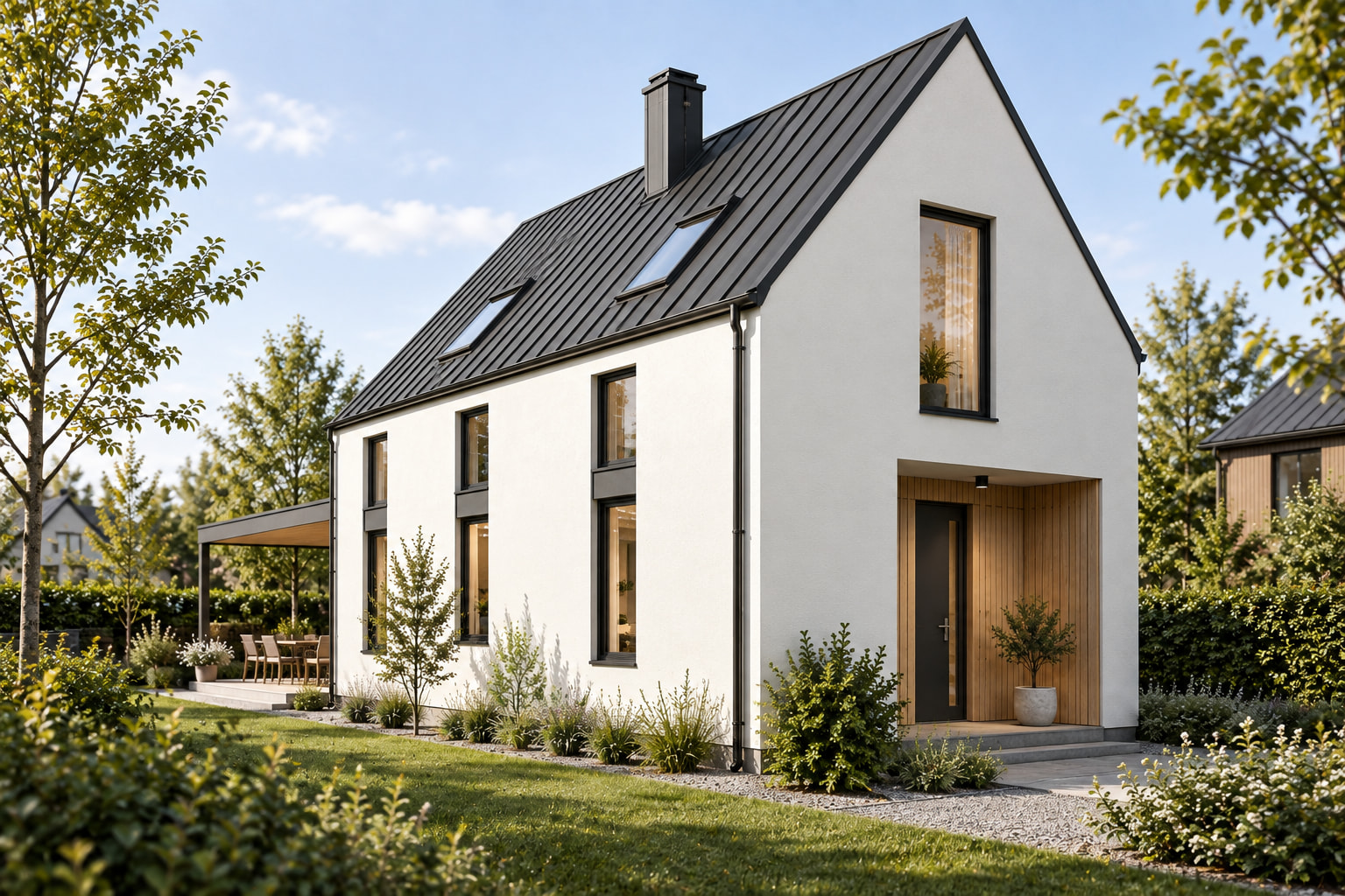 Casa Nordic 112 – casă cu mansardă pentru teren îngust – perspectivă laterală oblică