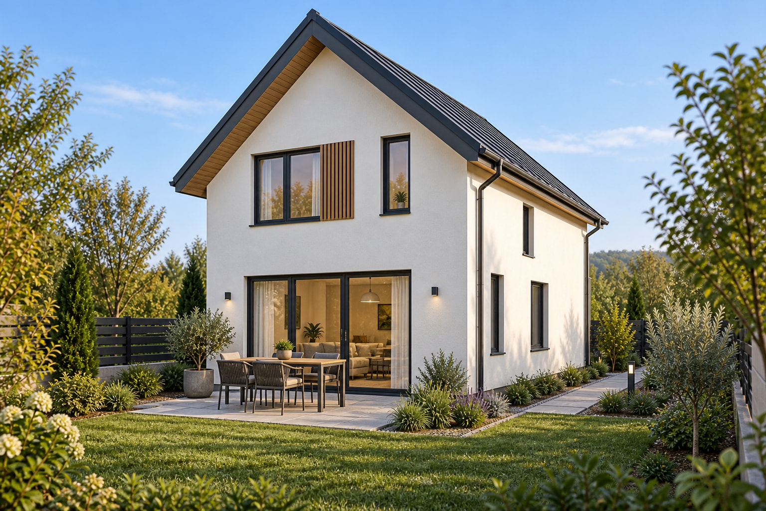 Casa Nova 100 – casă cu etaj de 100 mp – vedere fațadă dinspre grădină