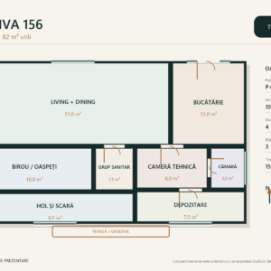 Casa Riva 156 – casă cu etaj, 4 dormitoare și birou – plan parter 82 m²
