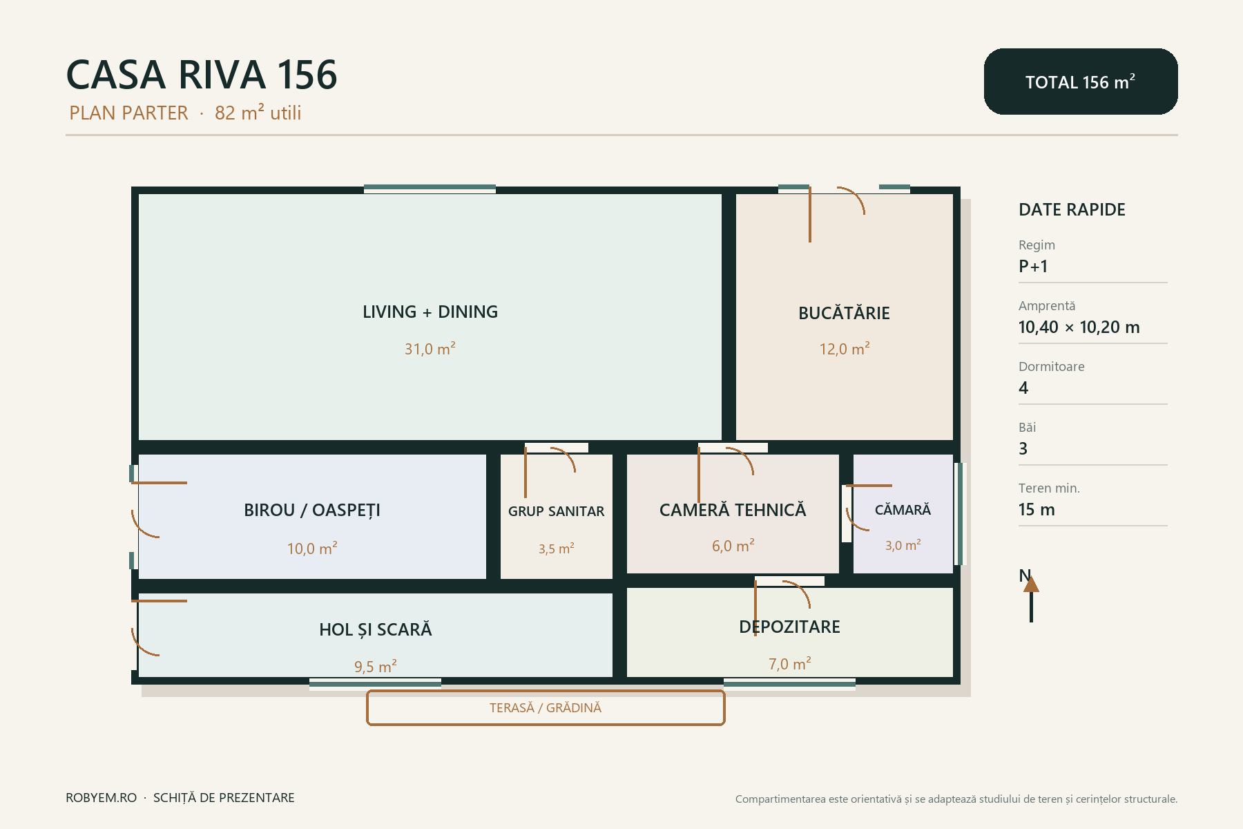 Casa Riva 156 – casă cu etaj, 4 dormitoare și birou – plan parter 82 m²