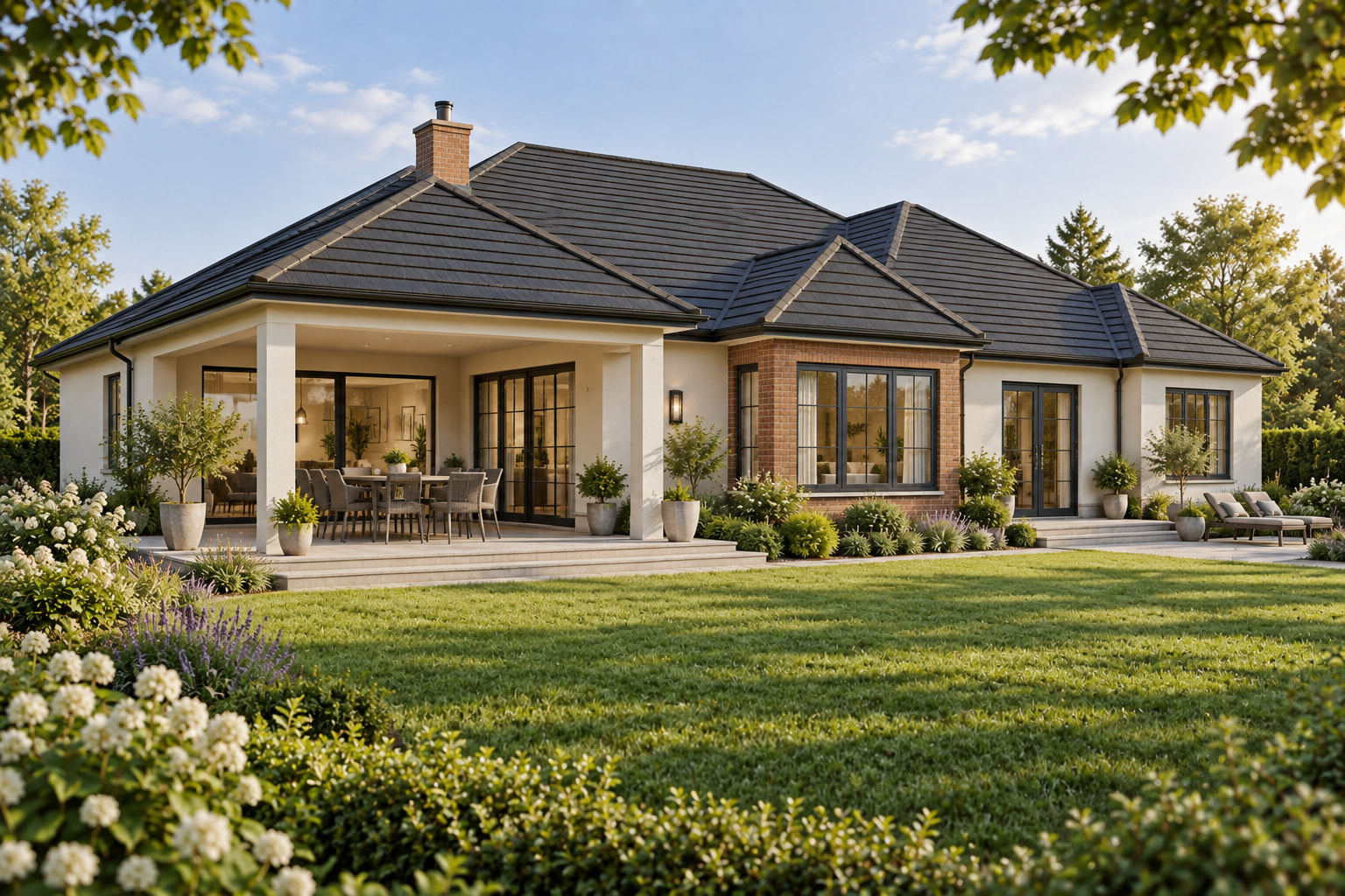 Casa Rubin 148 – casă parter cu 4 dormitoare – vedere fațadă dinspre grădină