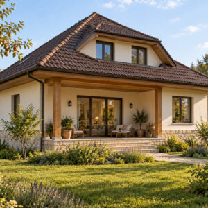 Casa Terra 125 – casă tradițională cu mansardă – vedere fațadă dinspre grădină