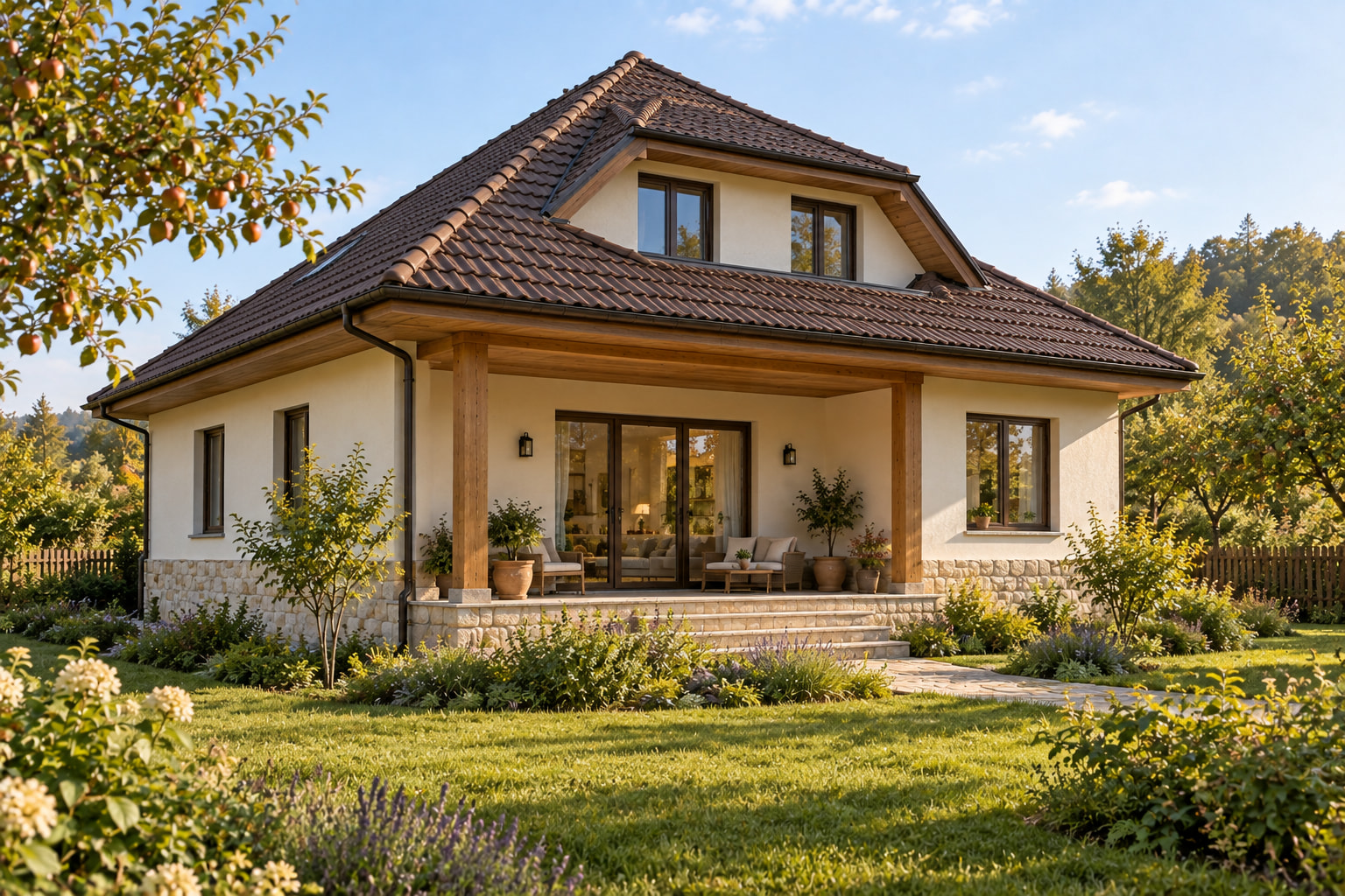 Casa Terra 125 – casă tradițională cu mansardă – vedere fațadă dinspre grădină